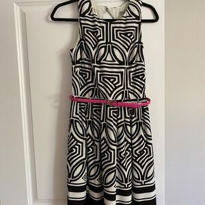 Eliza J Geo Jersey Belted Fit & Flare Dress black white size 6 pink belt a
